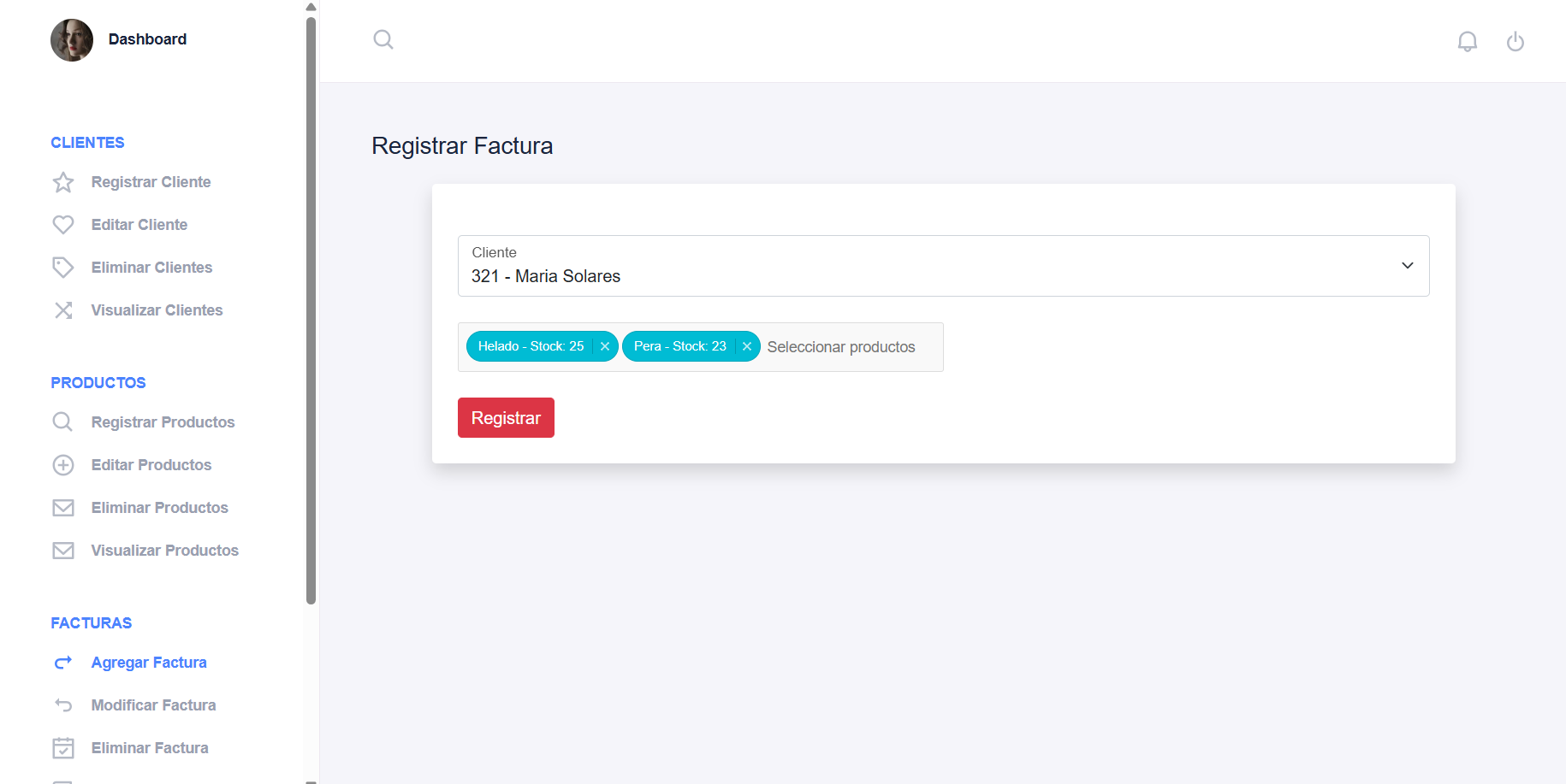 Registering an invoice and selecting products